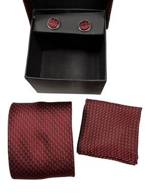 Claricci Men’s Red Patterned 3-piece set |Tie, Handkerchief and Cufflinks Set